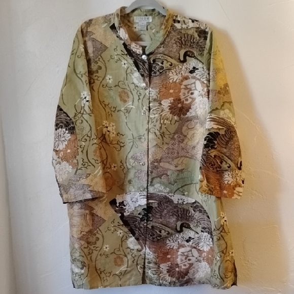Citron Green Brown Floral Oriental Print Top Shirt Mint 2X - Picture 1 of 5